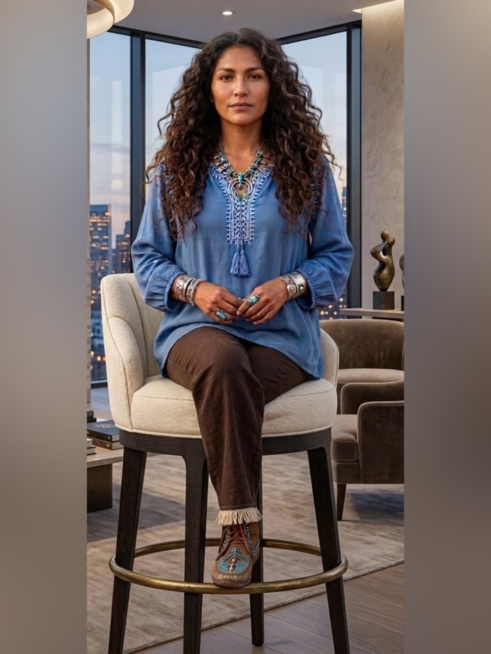 WOMAN WITHIN Peasant Embroidered 3/4 length Sleeve Boho Blouse with tie-up